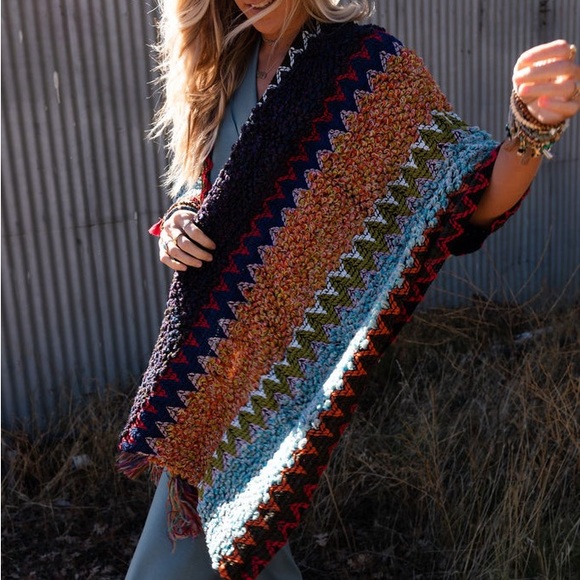 Colorful Crochet Patterned Ruana in Indigo - Picture 7 of 14